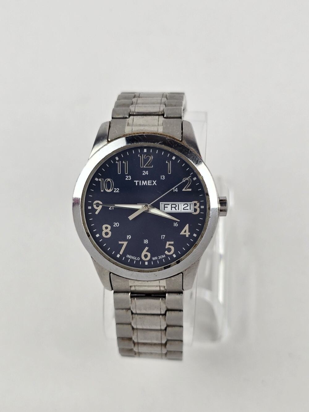 Timex Men's Silver-Tone Expansion Watch Indiglo Day/Date Blue Dial -New Battery